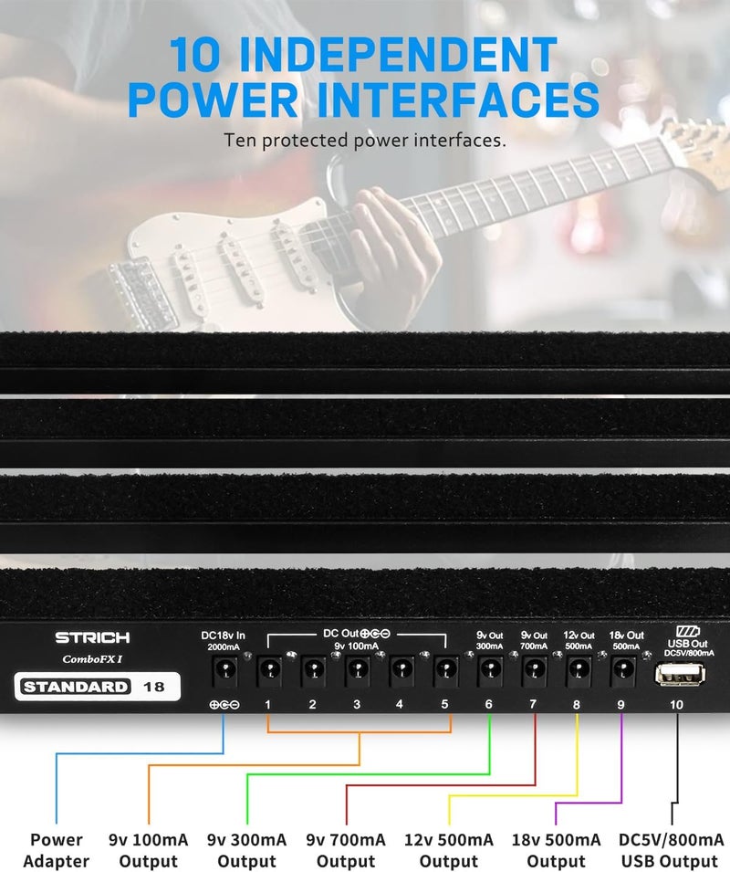 STRICH Guitar Pedal Board with Built-in Power Supply, Pedal Board 18 x 11" Lightweight 2.65lb Aluminum Alloy, PedalBoard with Pedal Cables, Bag, Hook Loop Strips PB-S18 - Image 3